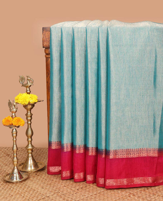 Green kicha tissue saree with contrast zari bentex border & zari pallu along with contrast blouse