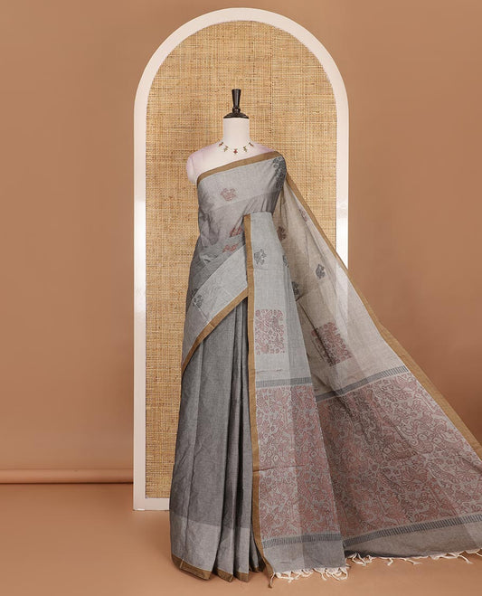 Grey bird motifs printed Handloom cotton saree, contrast piping border, pallu of bird motifs print, and a matching blouse