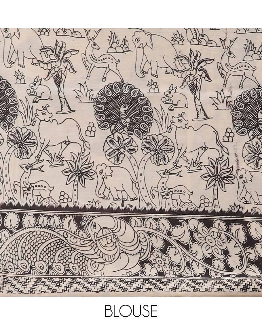 Black forest design machine printed kalamkari cotton saree with self-floral border & forest design pallu
