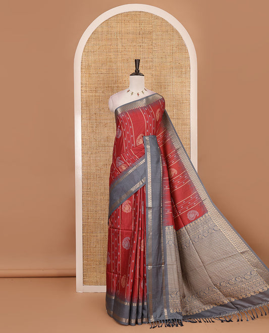 Maroon floral, manga and striped katan silk saree, contrast rettai pettu temple border of diamond and Greek key design, jaal pallu, and contrast printed blouse