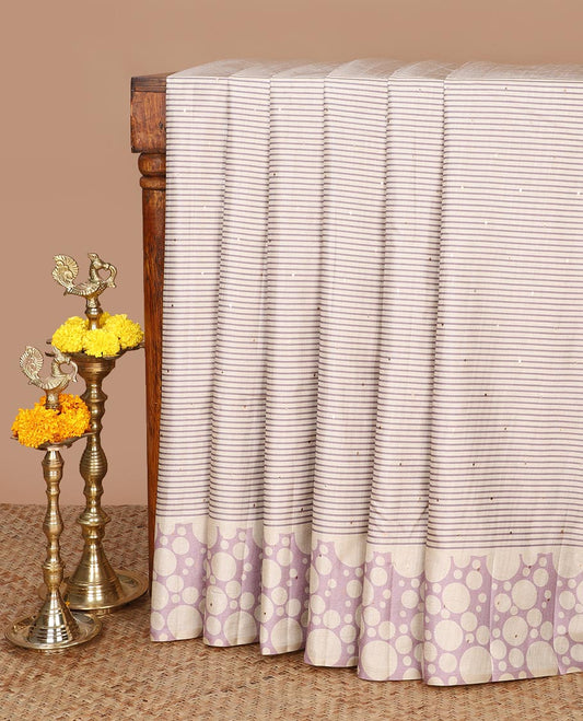 Chikku color with lavender stripes, block print fancy tussar silk saree with polka dot border & polka dot printed pallu along with printed blouse
