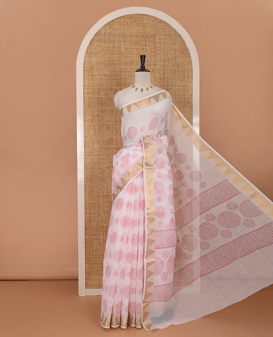 White-red circular motifs printed mercerised cotton saree, temple zari border, circular motifs printed pallu & matching zari border blouse