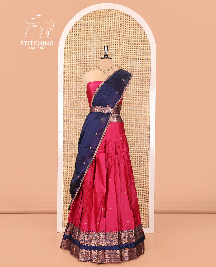 Pink and Blue Semi-Banarasi Half-Saree, Accentuated with Zari Buttas on Its Skirt, Complemented by a Contrast Rettai Pettu Traditional Zari-Design Border, Paired with a Matching Blouse, and Comes with a Contrast Satin Georgette Embroidered Dhavani