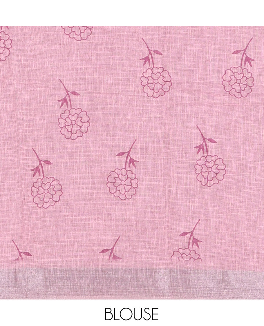 Pink Linen Cotton Saree, Subtly Sparkled with Floral Vine Motifs Printed All Over Its Body, Subtle Bavanji Border, Pallu Steeped with Stripes, and Paired with a Floral Printed Blouse