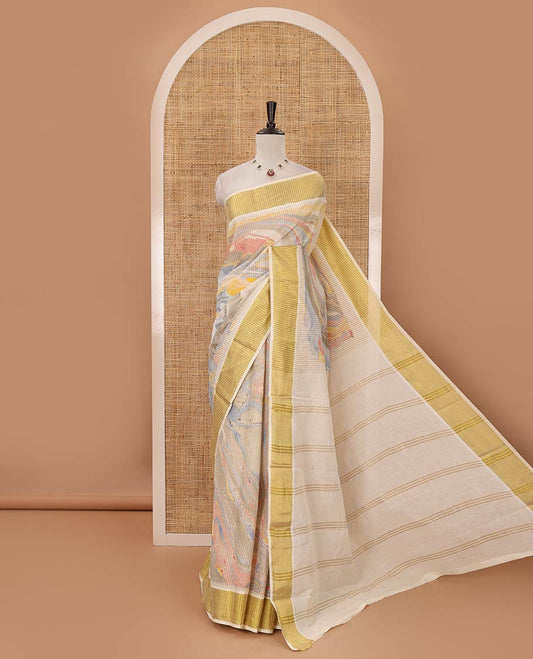 Cream-base stripes & abstract printed sungudi cotton saree, gold zari border, striped pallu & matching striped blouse