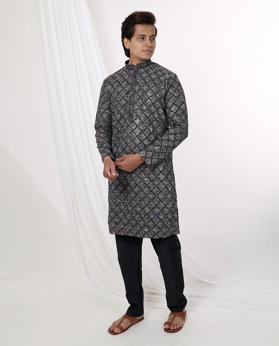Black floral thread embroidery with sequins work mandarin collar & full-sleeve long raw silk kurta