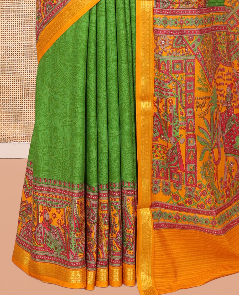 Green Sparsely Printed Silk Saree, a Contrast Mughal-Style Border, a Contrast Blouse
