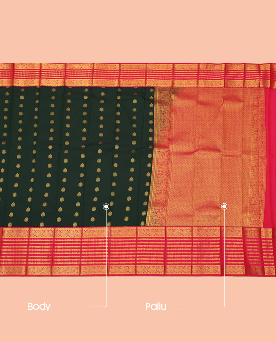 Green Budget Silk Saree, Spotlighted with Zari Buttas, a Contrast Traditional Zari Border, Grand Pallu, and a Contrast Blouse