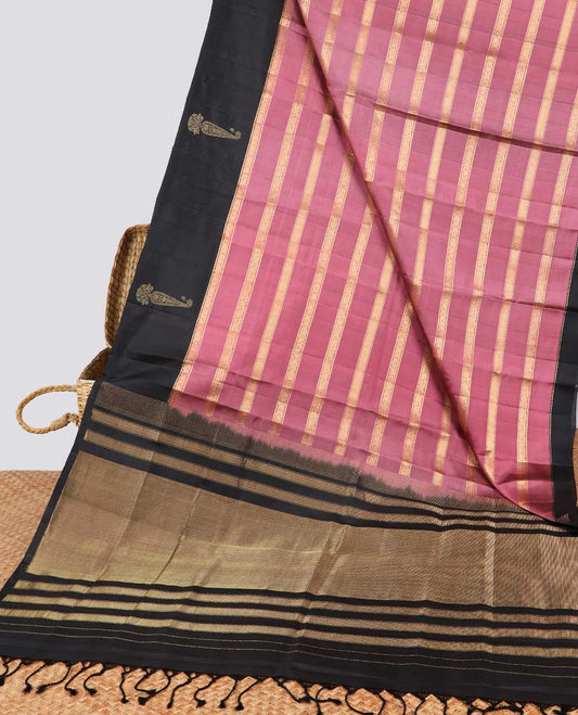 Onion pink striped soft silk saree with contrast leaf border & striped pallu