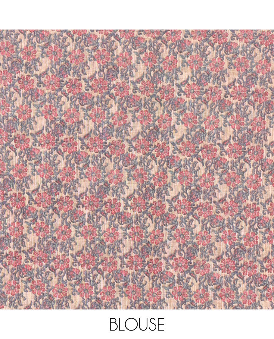 Borderless tomato pink batik printed linen cotton saree, hand brush painting style floral vine printed pallu, and contrast floral printed blouse