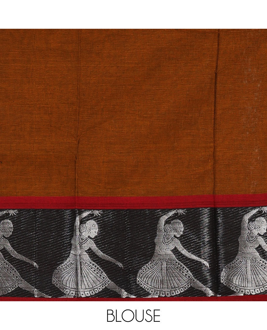 Honey full-plain Mercerised cotton saree, contrast sliver zari Dancing Bharatanatyam girl motifs woven border, striped pallu & plain blouse