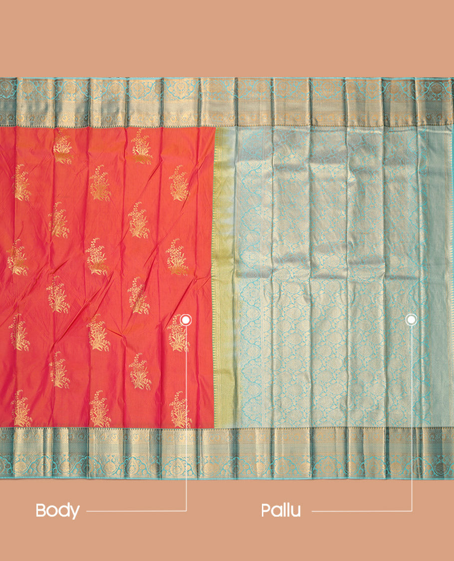 Orange Budget Silk Saree, Elevated with Zari Buttas, Contrast Traditional Zari Border, Grand Pallu, and a Contrast Blouse