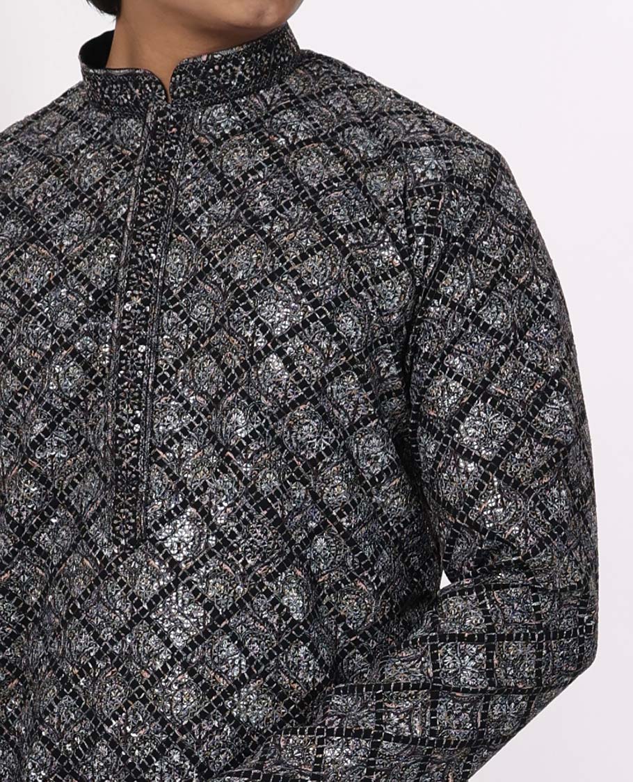 Black floral thread embroidery with sequins work mandarin collar & full-sleeve long raw silk kurta