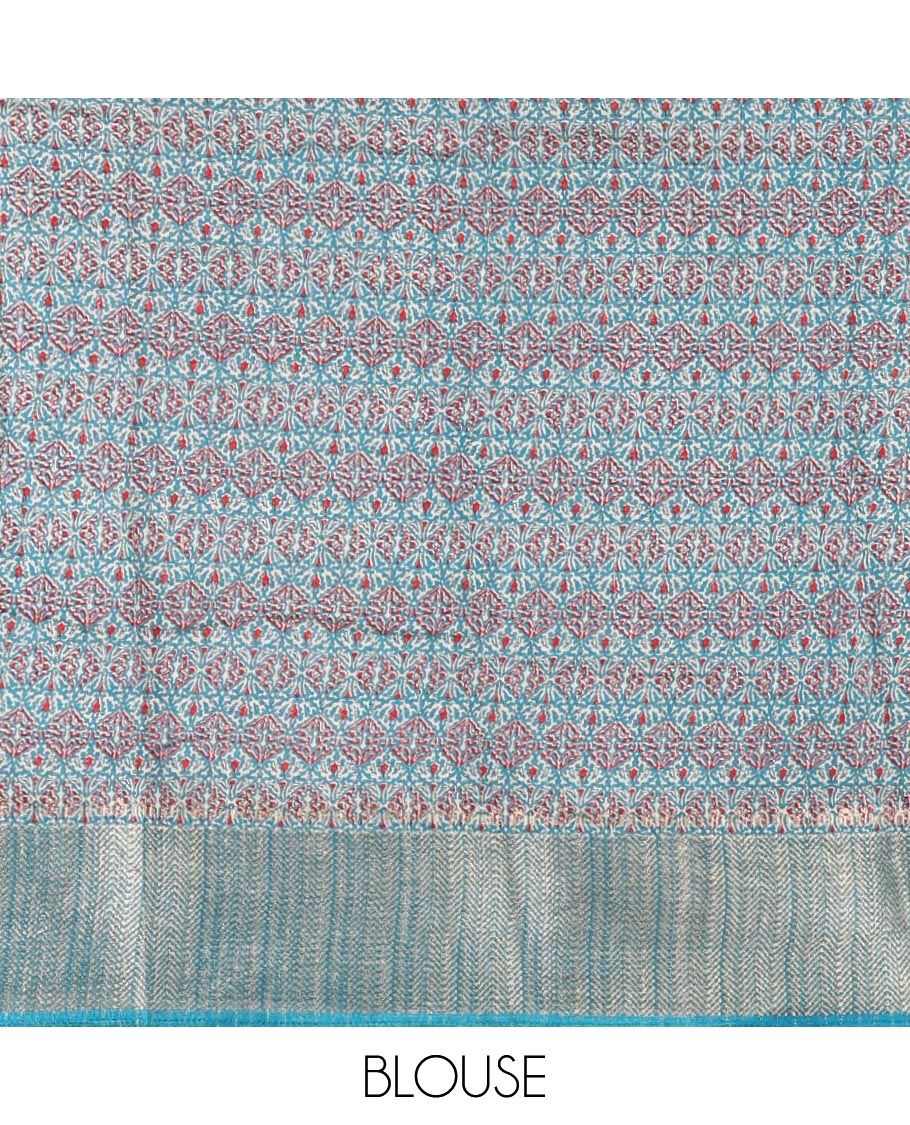 Chikku striped & printed dola silk saree, contrast blue traditional zari border & pallu of elephant & peacock print & contrast printed blouse