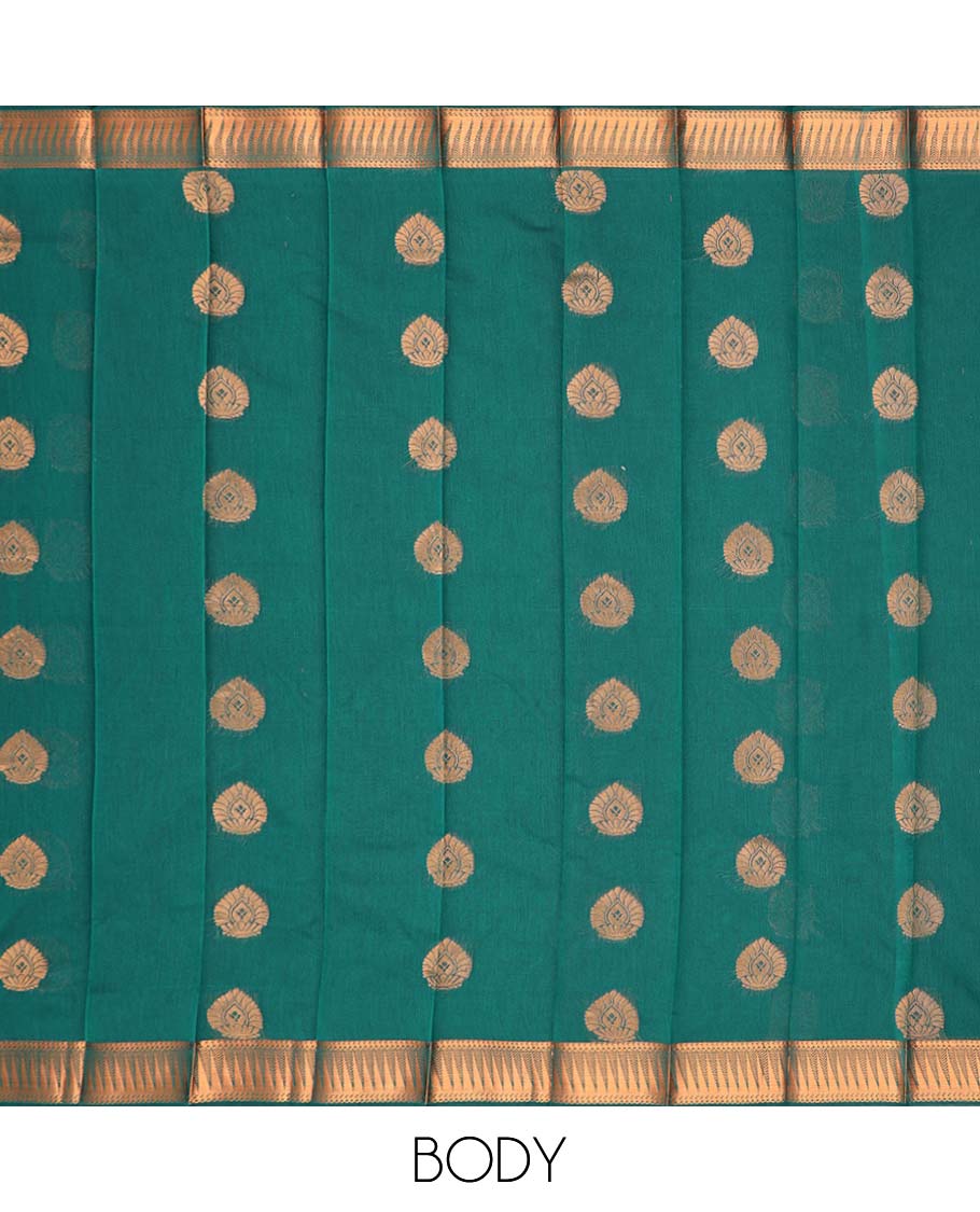 Green motifs kora cotton saree with contrast temple border & intricate zari design pallu