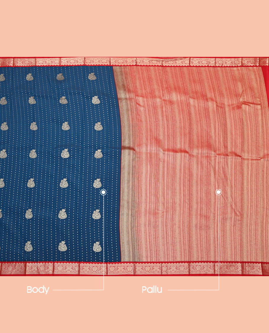 Blue Budget Silk Saree, Steeped with Zari Buttas, Complemented by Contrast Traditional Border, Geometric Pallu and a Contrast Blouse