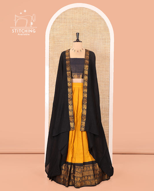 Yellow and Black Plain Sungudi Cotton Half-saree, Complemented by Captivating Contrast Traditional Zari Border of Temple, Peacock, and Elephant Designs, Paired with a Contrast Zari Checked Blouse, and Comes with a Zari-Bordered Vichitra Silk Dhavani