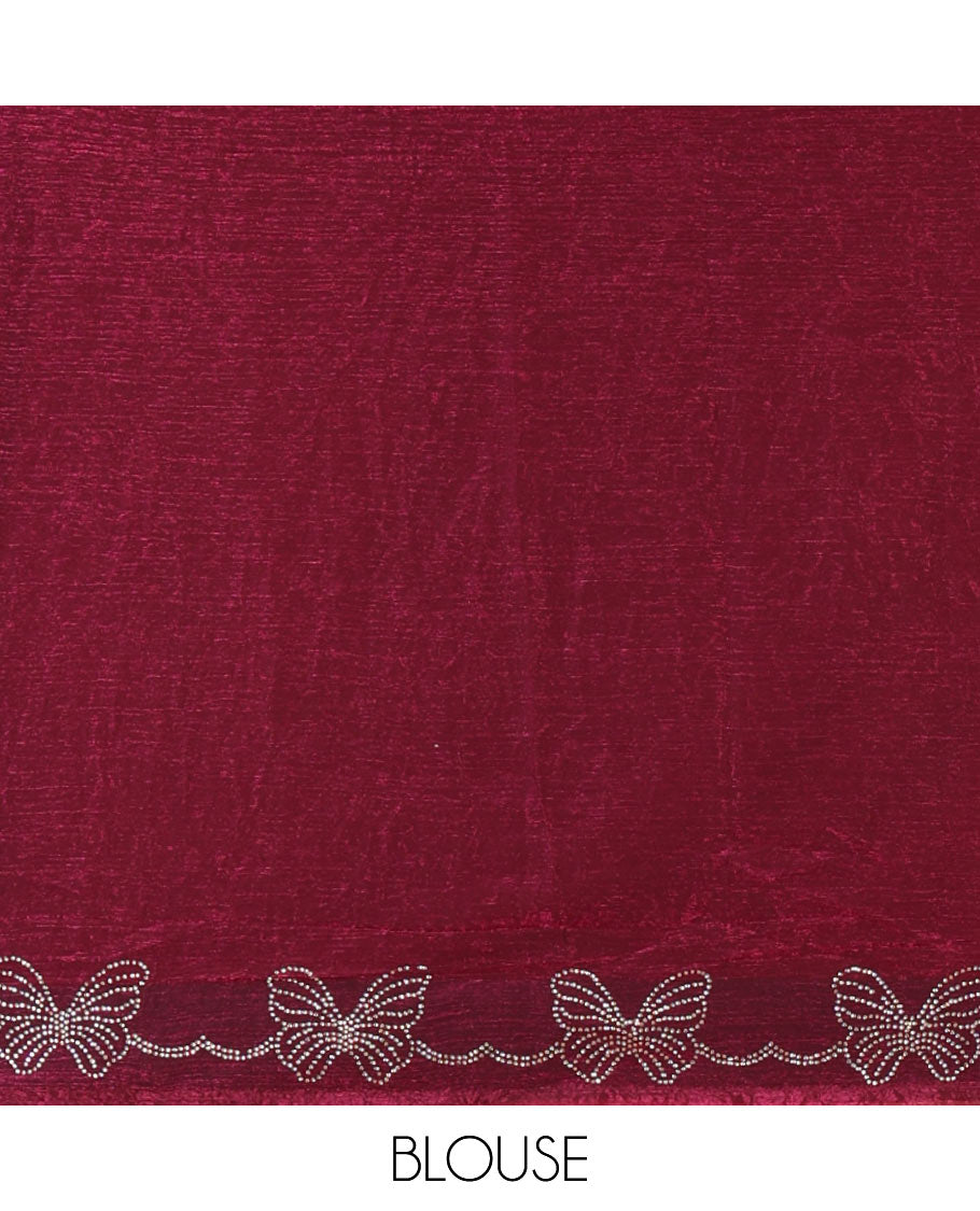 Wine full-plain Fendi chiffon saree, scallop butterfly-style Swarovski stone work border & stone work matching blouse