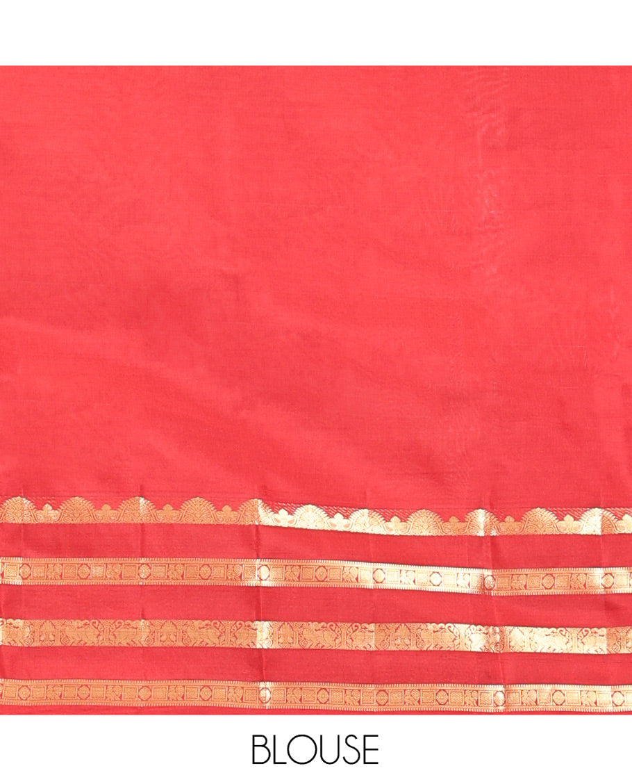 Rust Vasundhara Silk Mix Saree, Beautified with Zari Buttas All Over Its Body, Highlighted by Varisai Pettu Border of Mayil, Laddu Kamalam, and Yaali Designs, Grand Pallu and Paired with a Matching Blouse