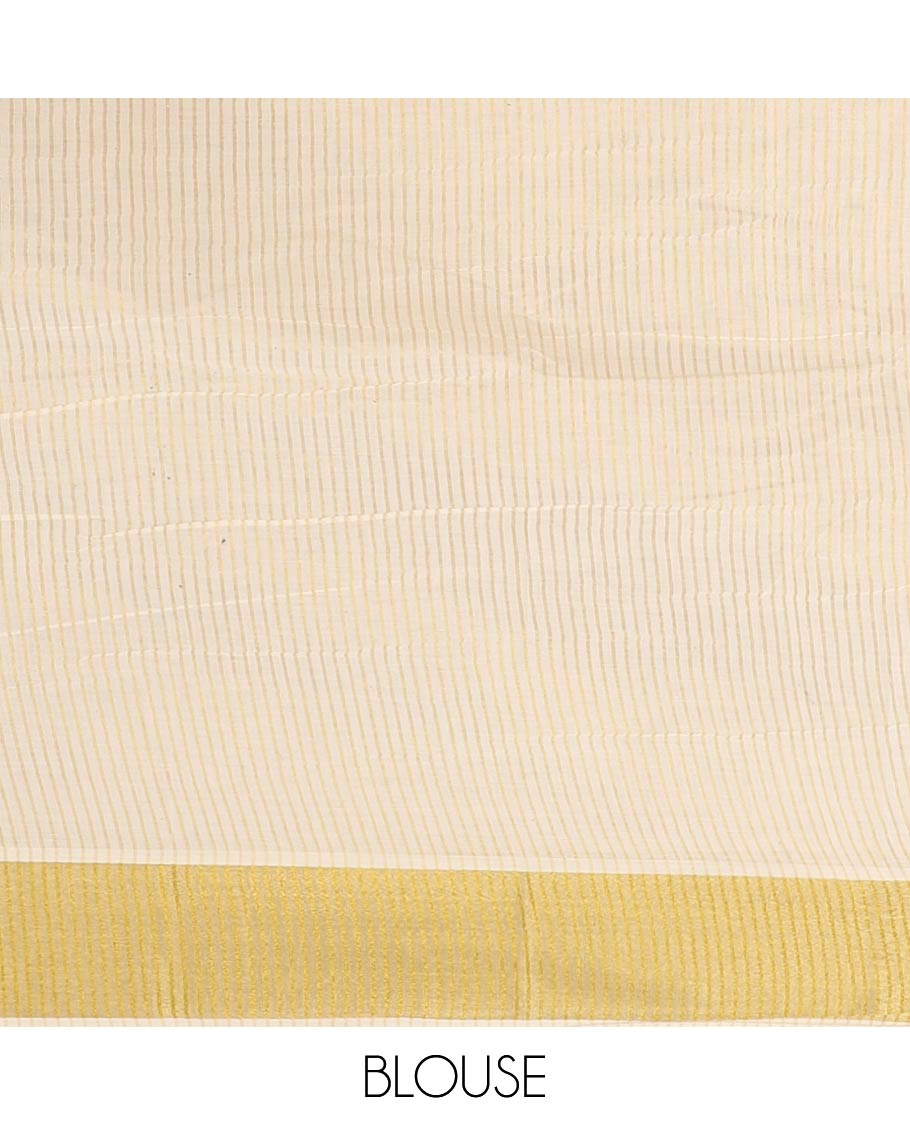 Cream-base stripes & abstract printed sungudi cotton saree, gold zari border, striped pallu & matching striped blouse
