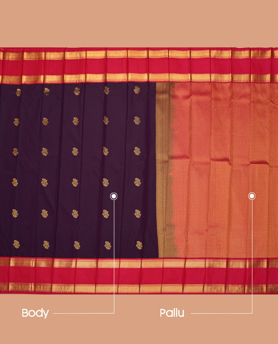 Wine Budget Silk Saree, Mesmerized with Zari Buttas on Its Body, Complemented by a Contrast Traditional Zari Design Rettai Pettu Border, Pallu of Jaal Designs, and Paired with a Contrast Blouse