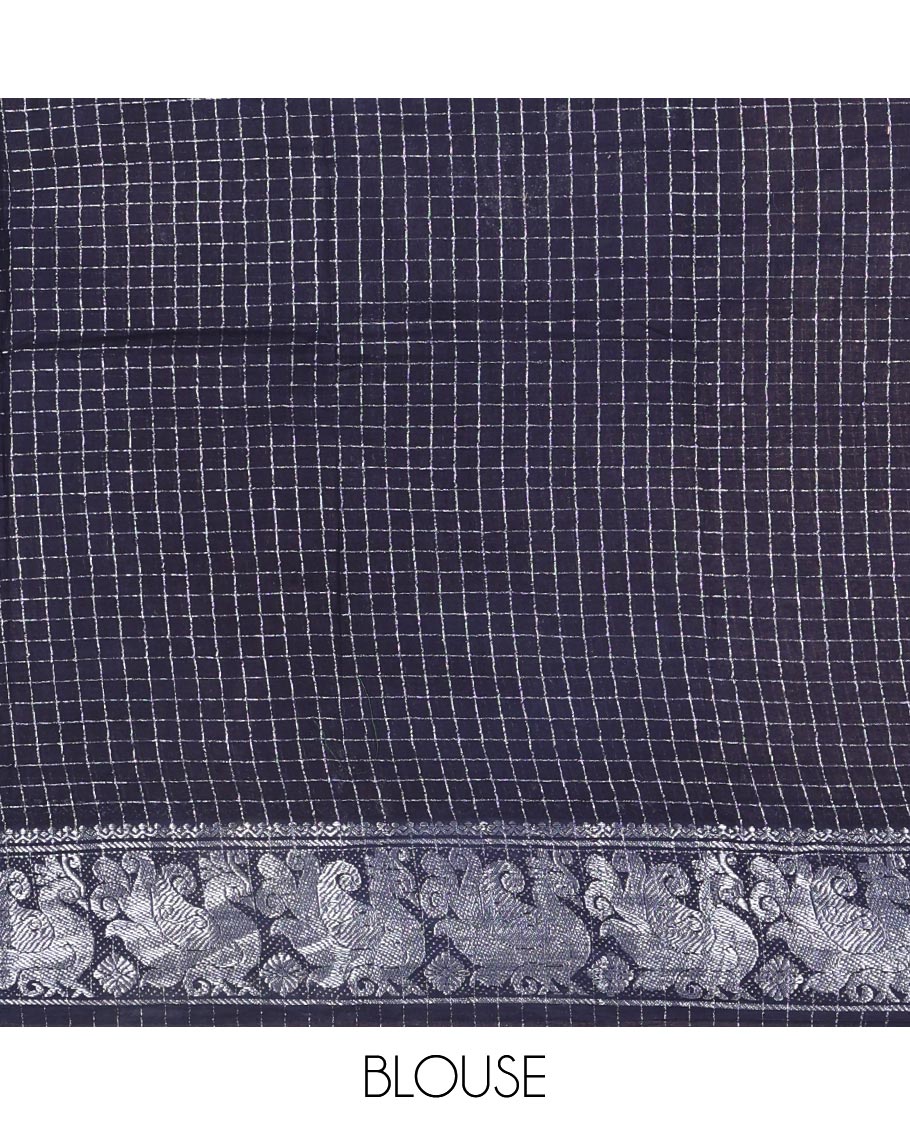 Blue checked sungudi cotton saree, contrast silver zari peacock motif border, striped pallu, and a contrast checked blouse
