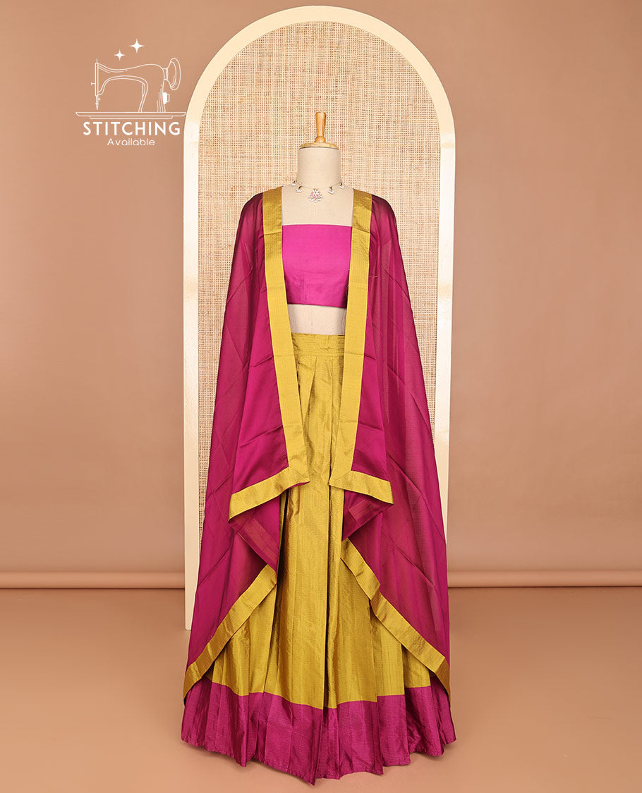 Mustard striped half saree with contrast border, plain blouse & plain, checked border dhavani
