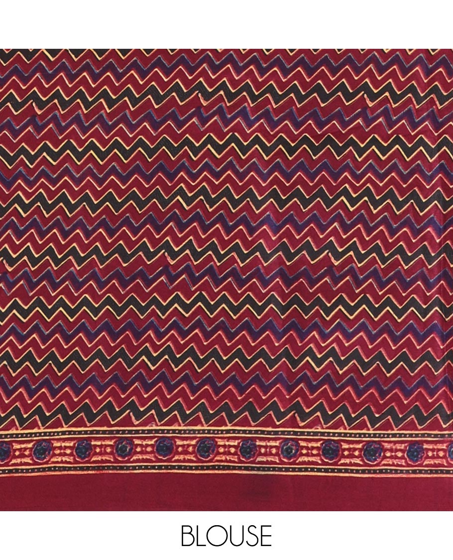 Purple handblock-style dots & floral digital printed skirt-border gajji silk saree, floral-geometric print pallu & matching chevron printed blouse