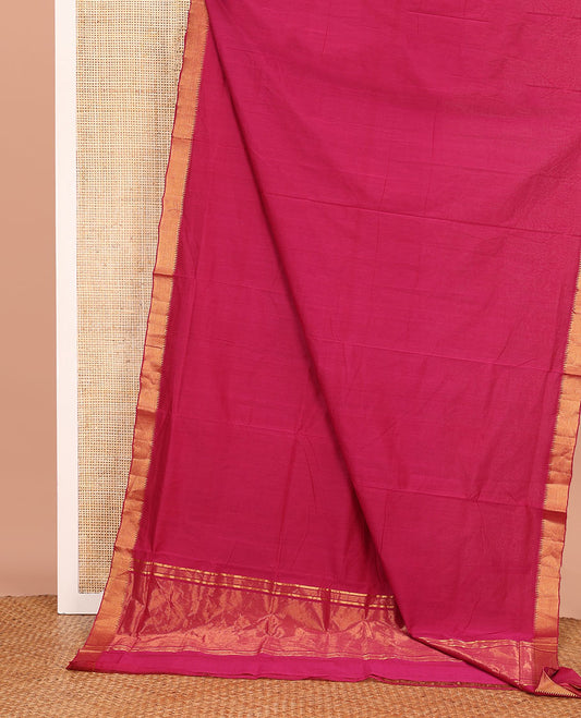 Magenta Plain Mangalagiri Cotton Saree, Subtly Sparkled with Temple Zari Design Border, Gleaming Zari Pallu, and Paired with a Matching Blouse