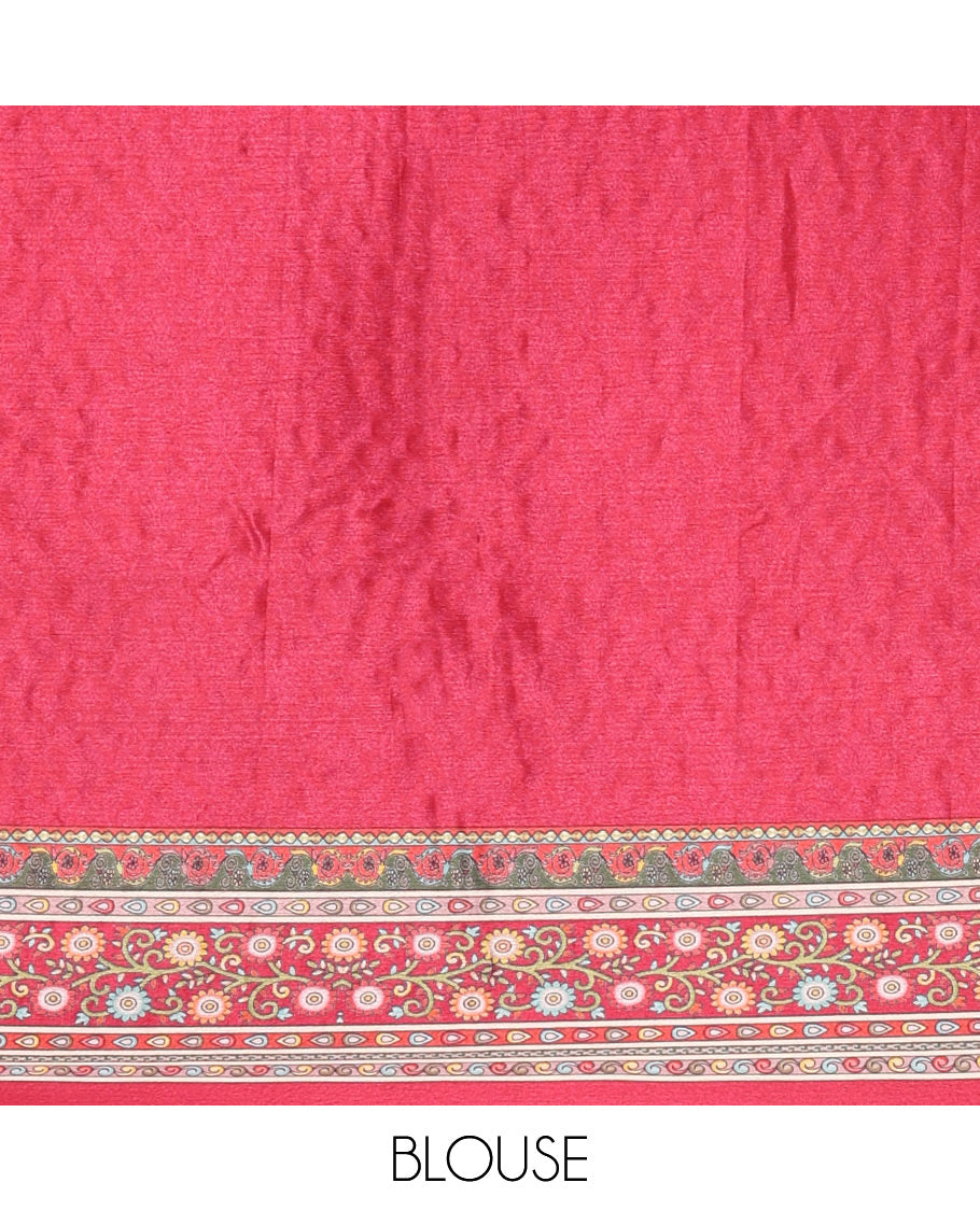 Rani pink geometric patterns kaleidoscope-colored printed & mirror embroidered half-&-half masakali saree, printed border & pallu of  embroidery work & plain blouse