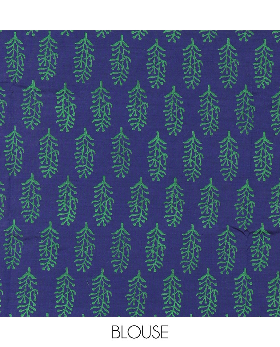 Borderless Blue kolam and kathakali motifs printed South cotton saree with a matching blouse, and a contrast floral motifs printed blouse