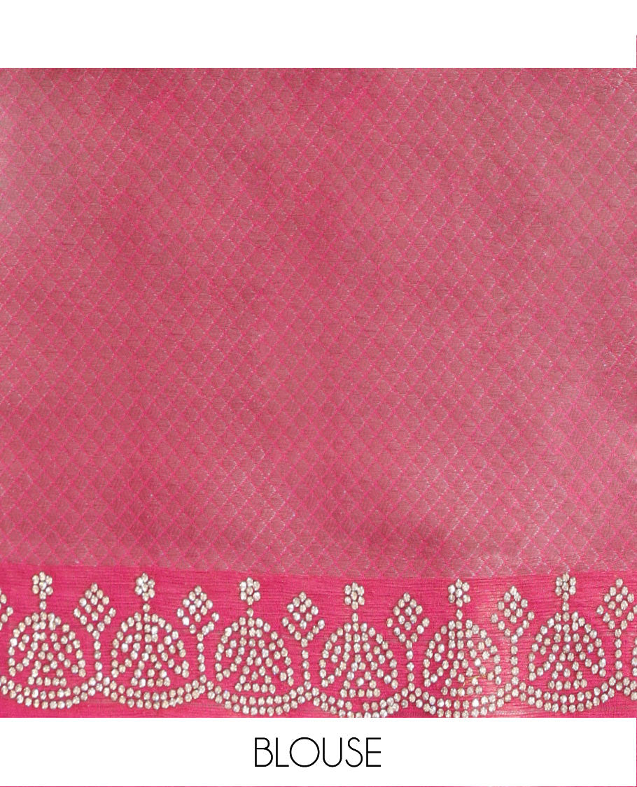 Pink Designer Saree, Mesmerized with Geometric Jacquard on Its Body, Highlighted by a Scallop Stone Embroidered Border, Majestically Detailed Pallu, and Paired with a Matching Blouse