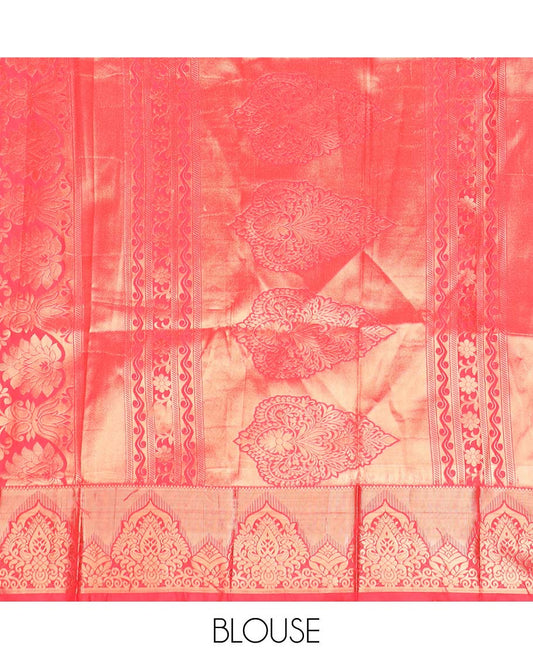 Red floral jacquard half saree with self floral zaei design border , zari design blouse & plain, zari design border dhavani