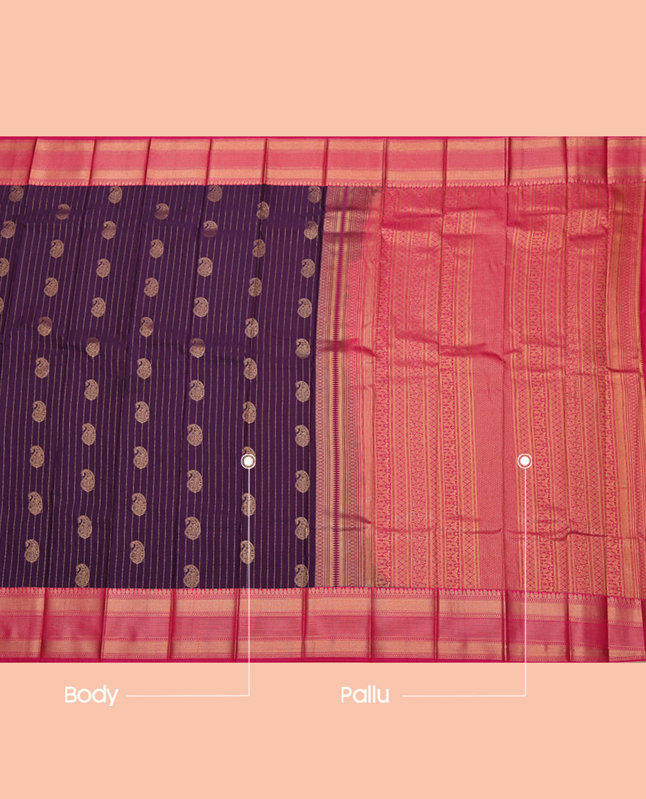 Violet Budget Silk Saree, Detailed with Paisley Buttas and Stripes All Over Its Body, Complemented by a Contrast Traditional Zari Border, Grand Pallu, and Paired with a Contrast Blouse