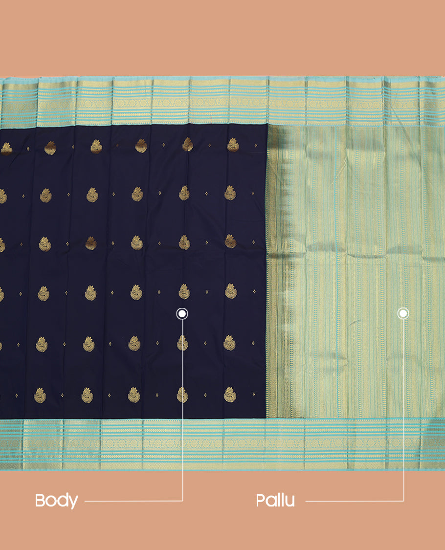 Navy Blue Budget Silk Saree, Woven with Zari Buttas, a Contrast Traditional Zari Border, Geometric Pallu, and a Contrast Blouse