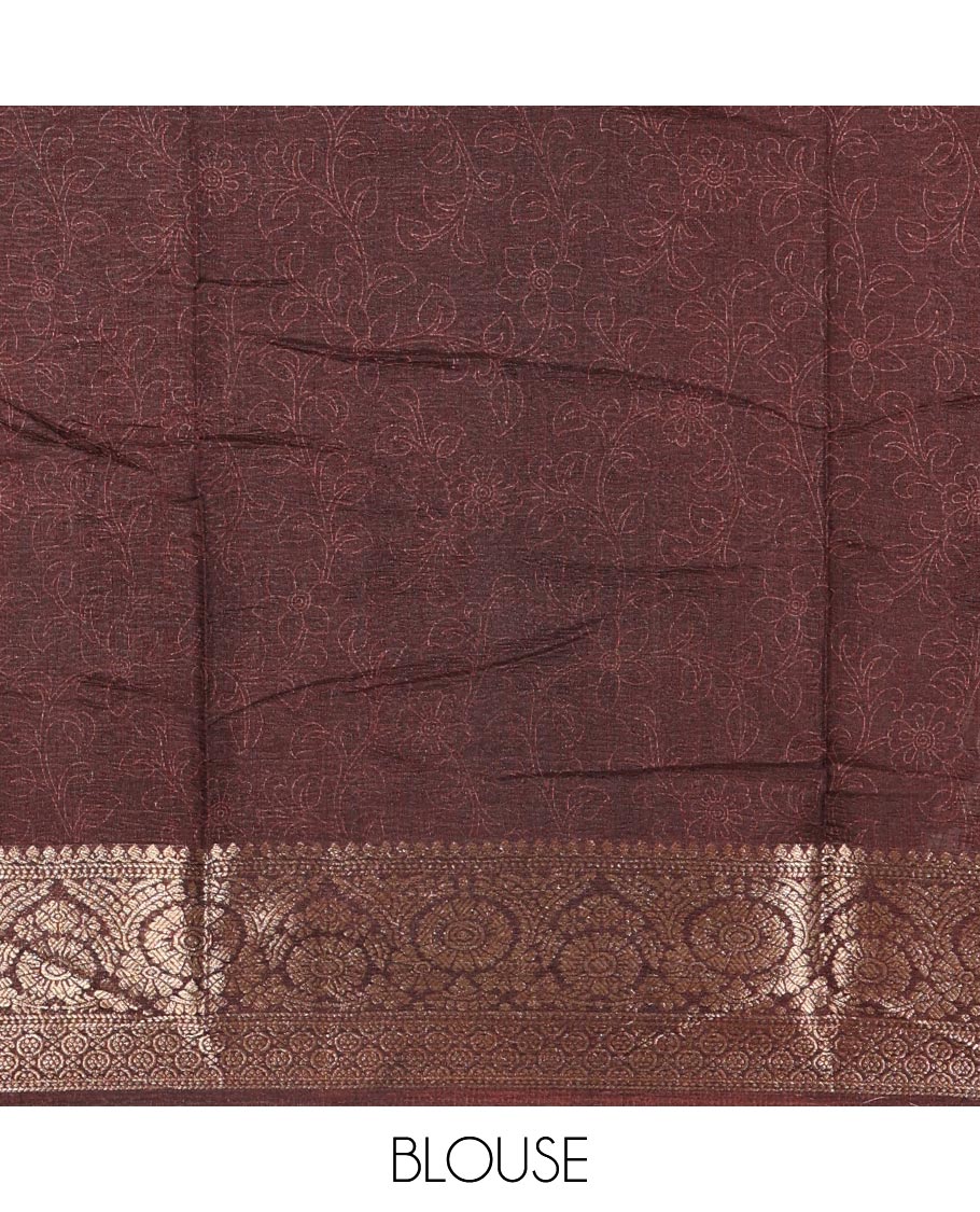 Brown kalamkari floral vine and peacock printed dola silk saree, contrast traditional zari border, peacock printed pallu, and floral vine print blouse