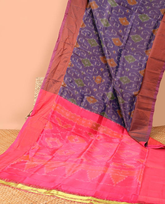 Purple ikkat floral motifs semi-uppada silk with contrast zari border & intricate ikkat design pallu