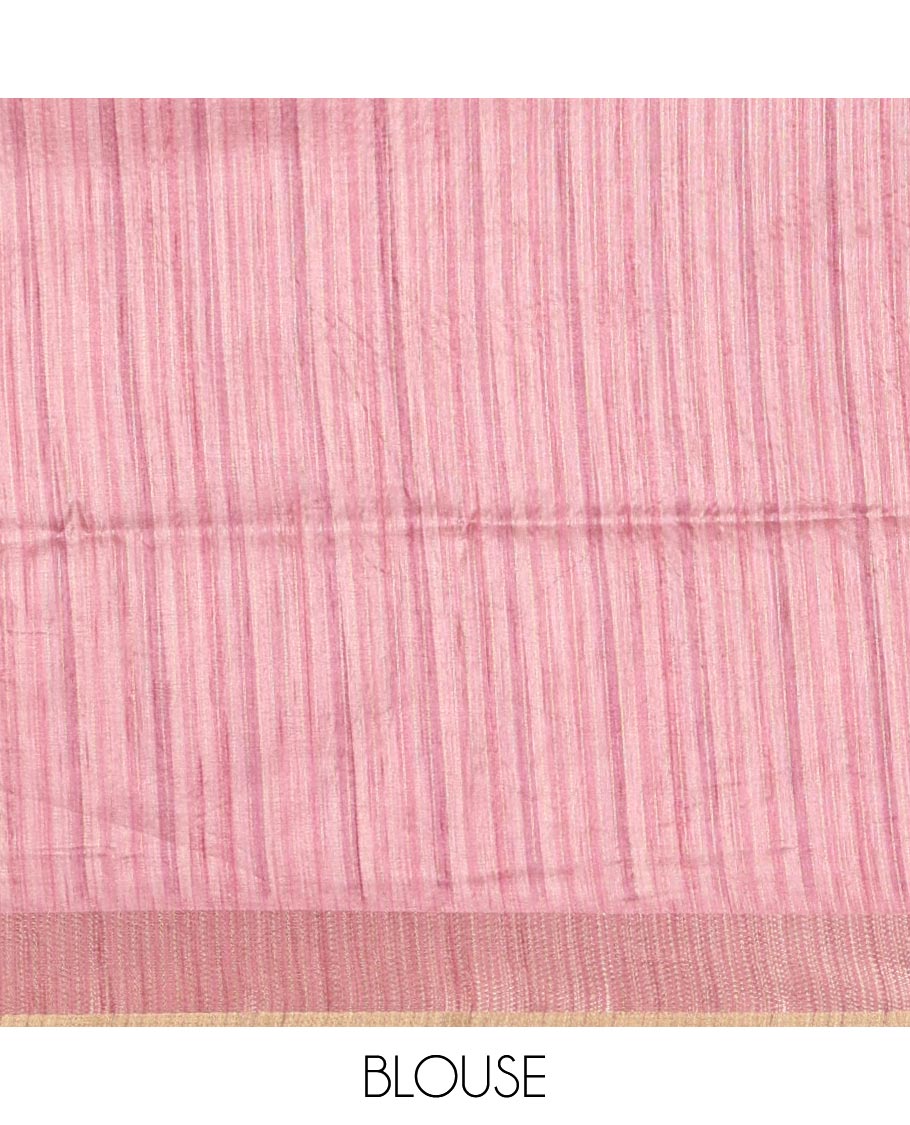 Onion pink hand brushing-style vertical stripes printed fancy tussar silk saree, zig zag-style zari woven border, zari pallu & striped blouse