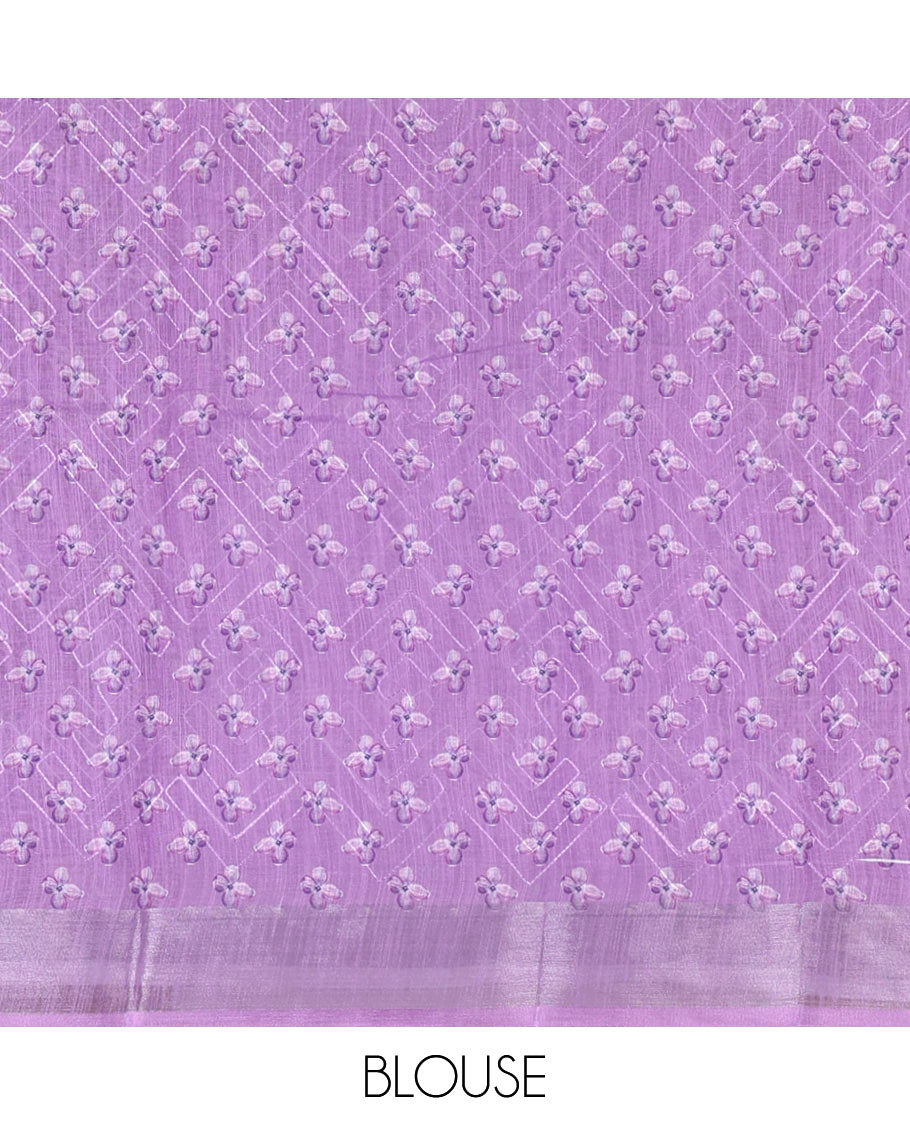White lilac floral printed with Chikankari-style thread floral embroidered linen cotton saree, contrast zari bavanji border, and blouse of print and embroidery work