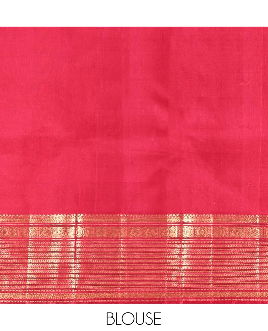 Red Kanchipuram Wedding Silk Saree, Charmingly Accented with Jacquard Design, a Zari Border of Salngai,muthu, Kathir, and Chakram Designs, Mayil Kann Pallu, and a Matching Blouse