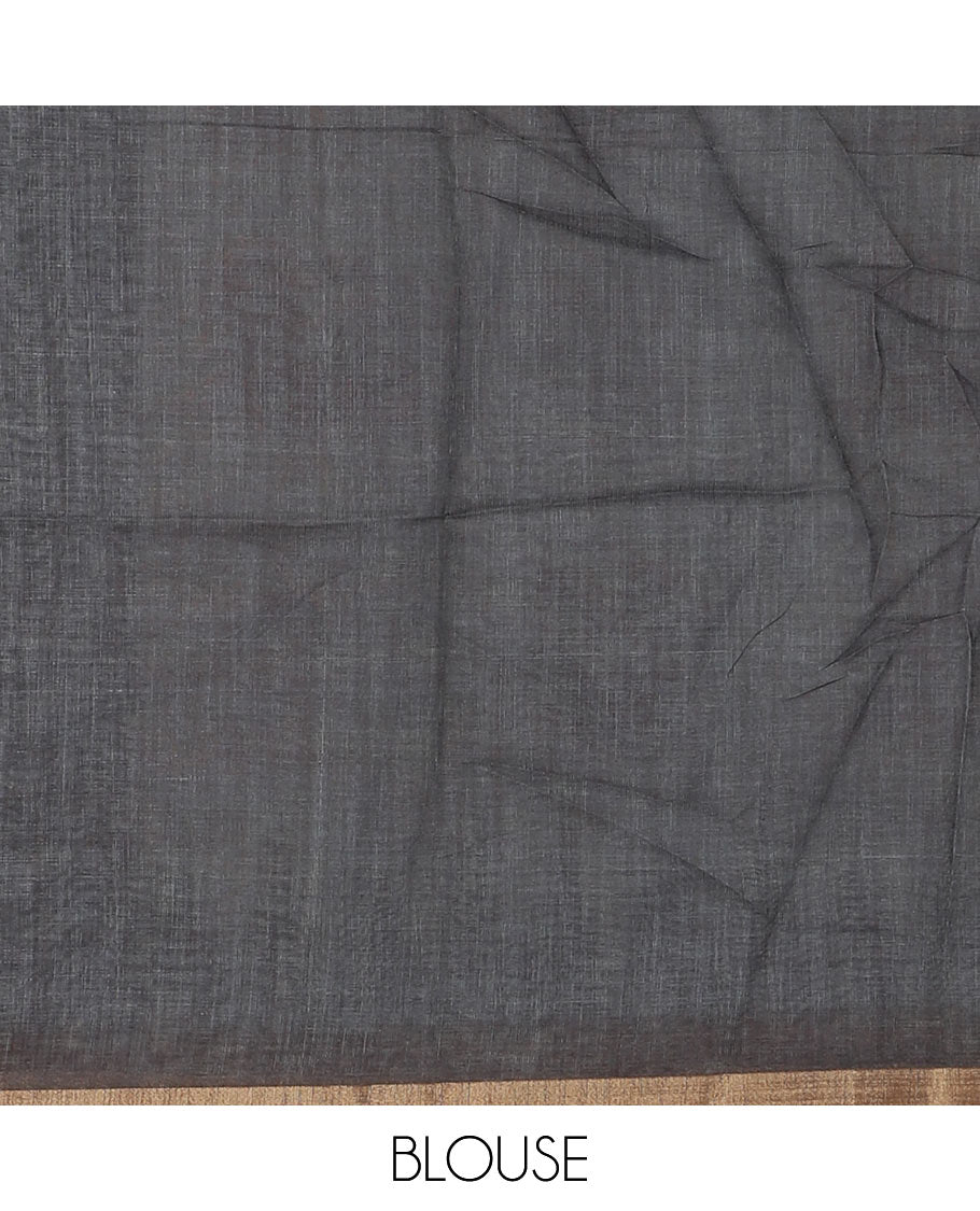 Silver annam motif printed linen cotton saree, contrast zari piping temple border, pochampally ikkat-style pallu & contrast plain blouse