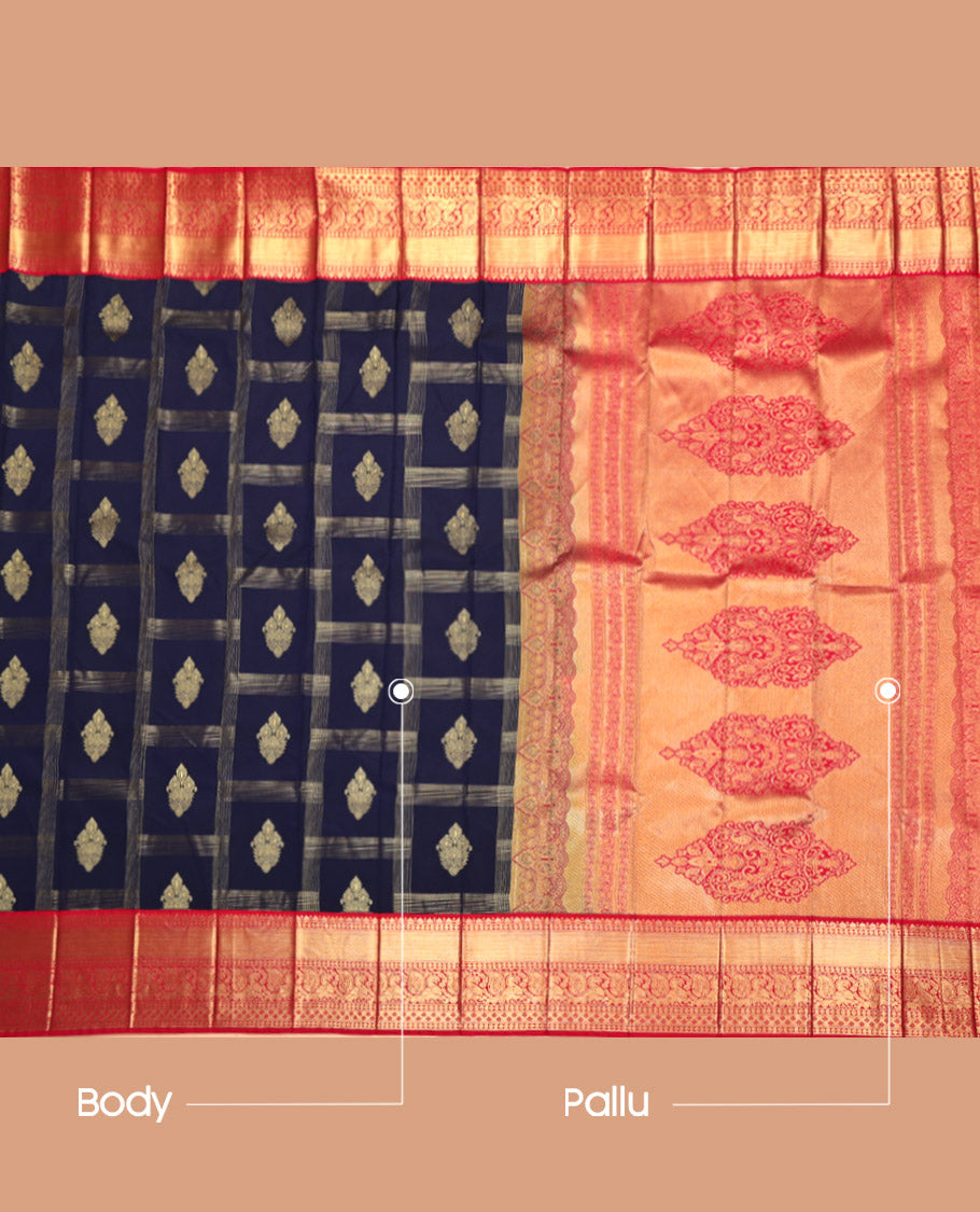 Navy Blue Budget Silk Saree, Embellished with Zari Buttas All Over Its Body, Complemented by a Contrast Traditional Zari Design Border, Grand Pallu, and Paired with a Contrast Blouse