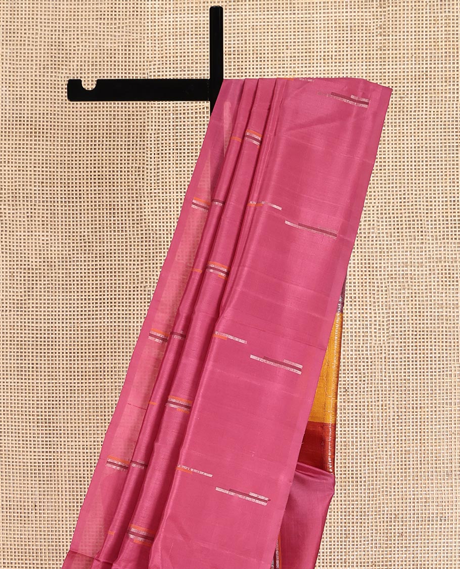 Borderless Pink Mayuri Soft Silk Saree, Woven with Geometric Buttas, Contrast Tri-Color Pallu, and a Matching Blouse