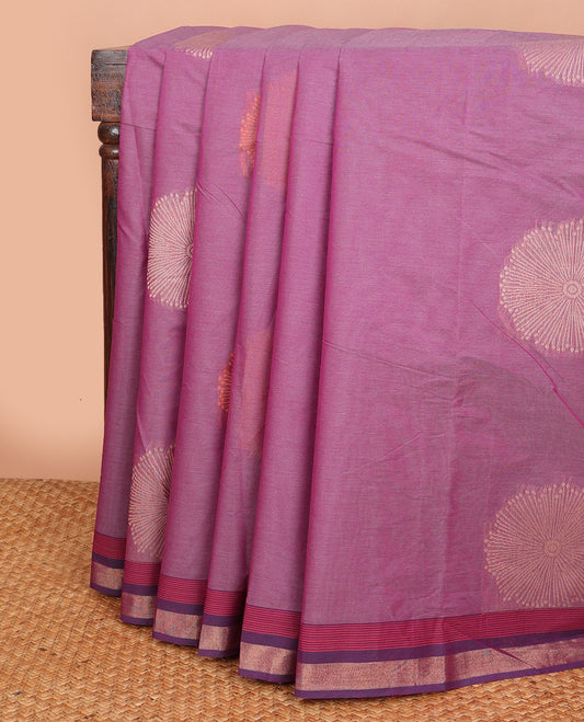 Purple floral buttas Combatiore cotton saree, contrast zari border & floral design pallu