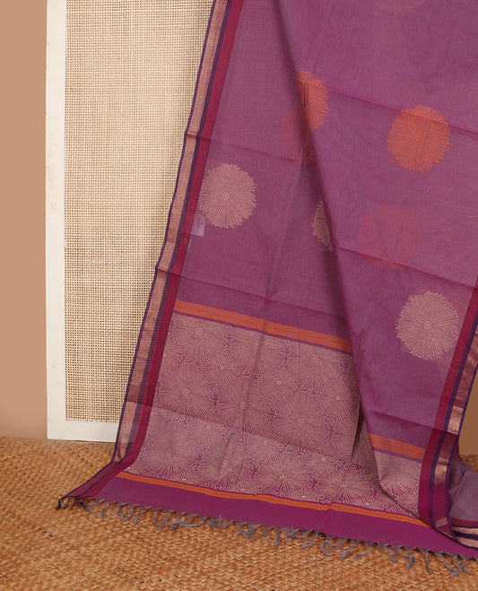 Purple floral buttas Combatiore cotton saree, contrast zari border & floral design pallu