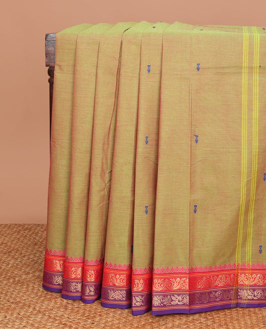 Green thread buttas Chettinad cotton saree, contrast traditional design woven border & pallu of buttas & stripes