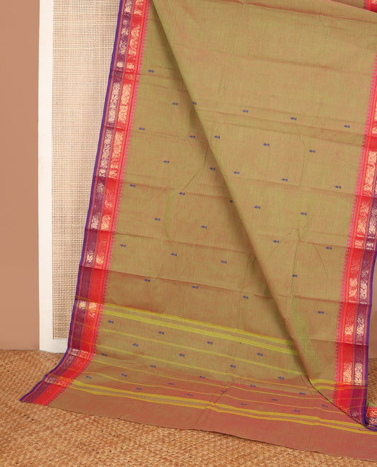 Green thread buttas Chettinad cotton saree, contrast traditional design woven border & pallu of buttas & stripes