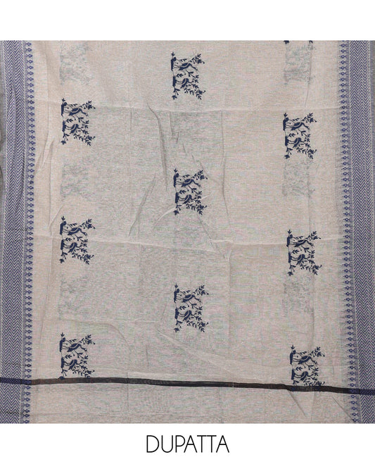 Denim blue chudidar material set,warli animal motif embroidered span cotton top & contrast warli animal embroidery dupatta
