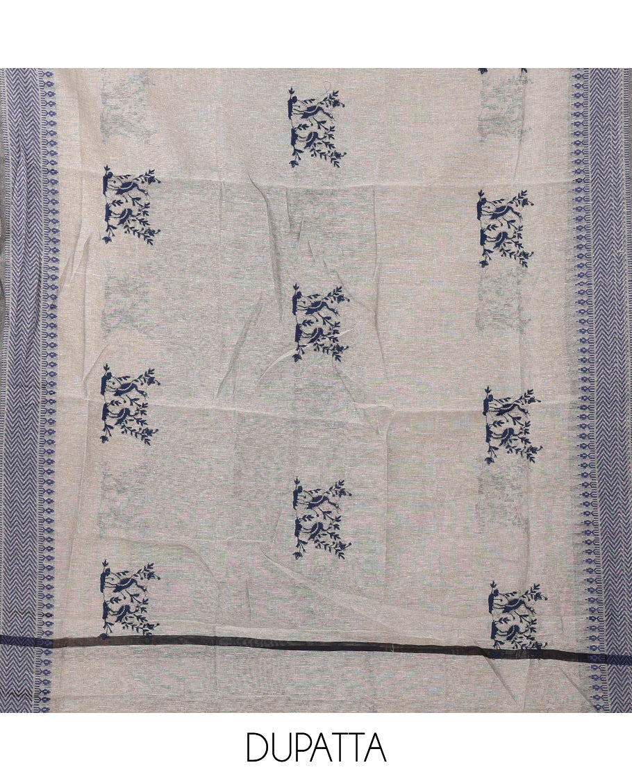Denim blue chudidar material set,warli animal motif embroidered span cotton top & contrast warli animal embroidery dupatta