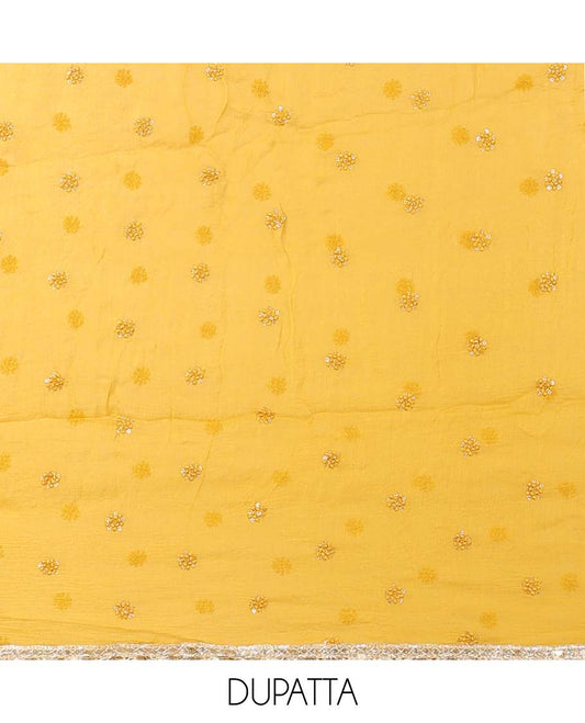 Yellow material chudidhar set, floral print & embroidered top, plain bottom & embroidered top